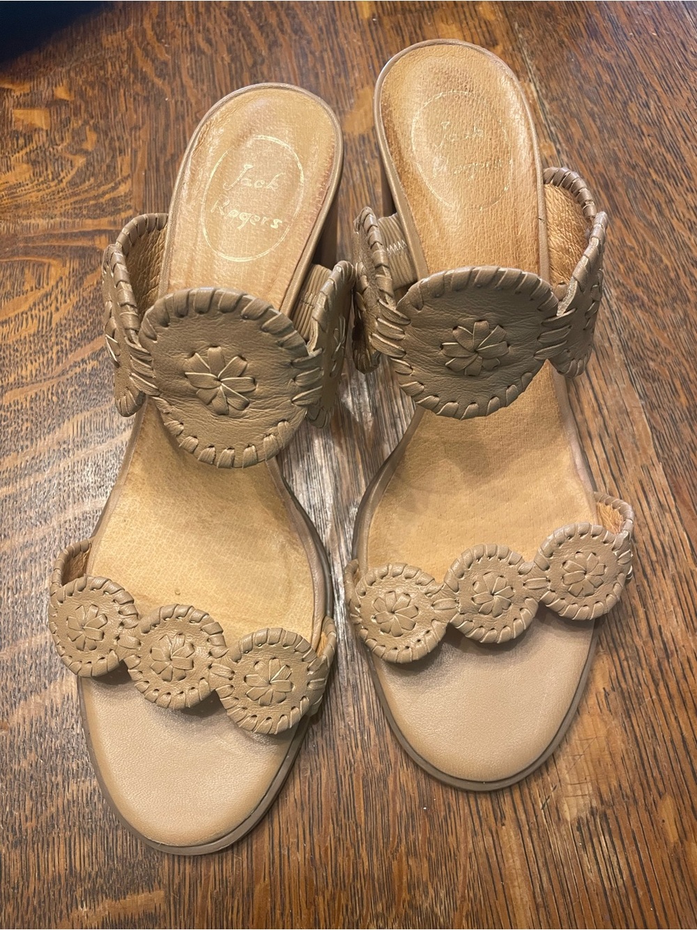 Jack Rogers Beige/Tan Leather Circle-Embellished Slide Sandals